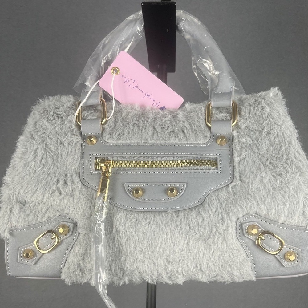 Winter Furry Satchel Top Handle Purse Gray Faux Leather Gold Accents Crossbody